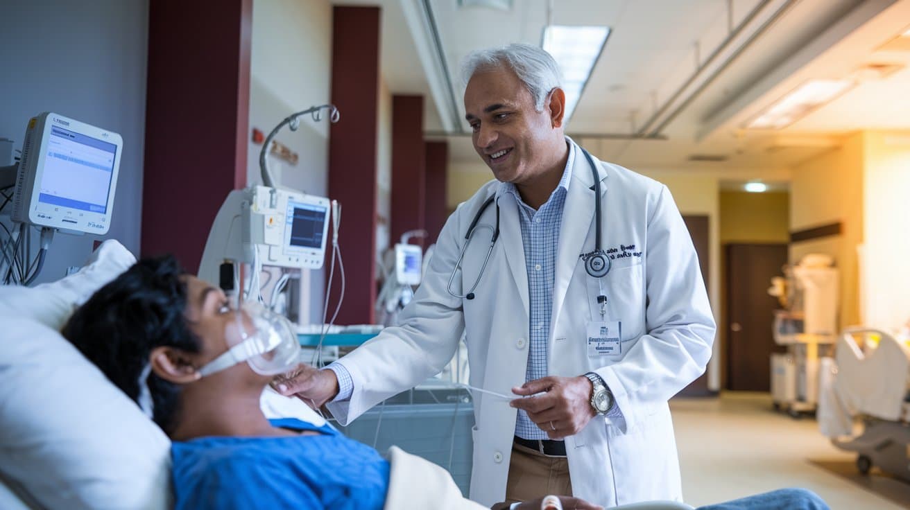 Indian doctor and patient in a modern, warm cardiac care unit with subtle dark and bright red accents, conveying authentic, innovative healthcare.