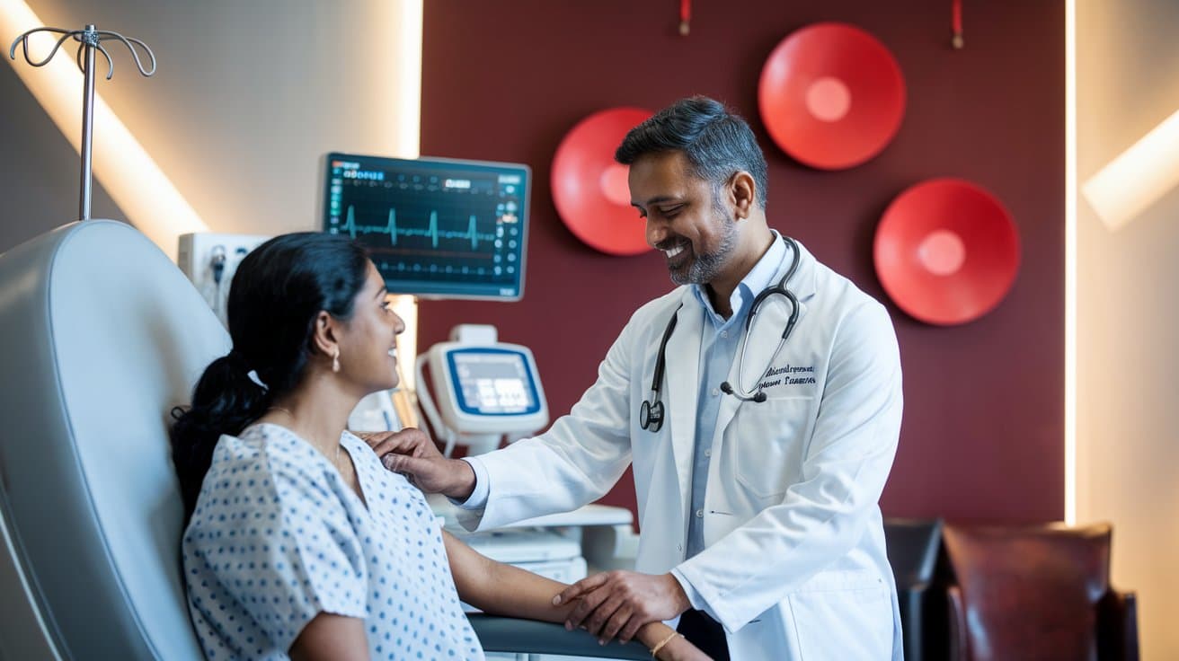 Engaging image of an Indian doctor warmly comforting an Indian patient in a modern hospital setting with subtle red accents, symbolizing resilience and advanced, compassionate care at NIMS Heart and Brain Hospital.